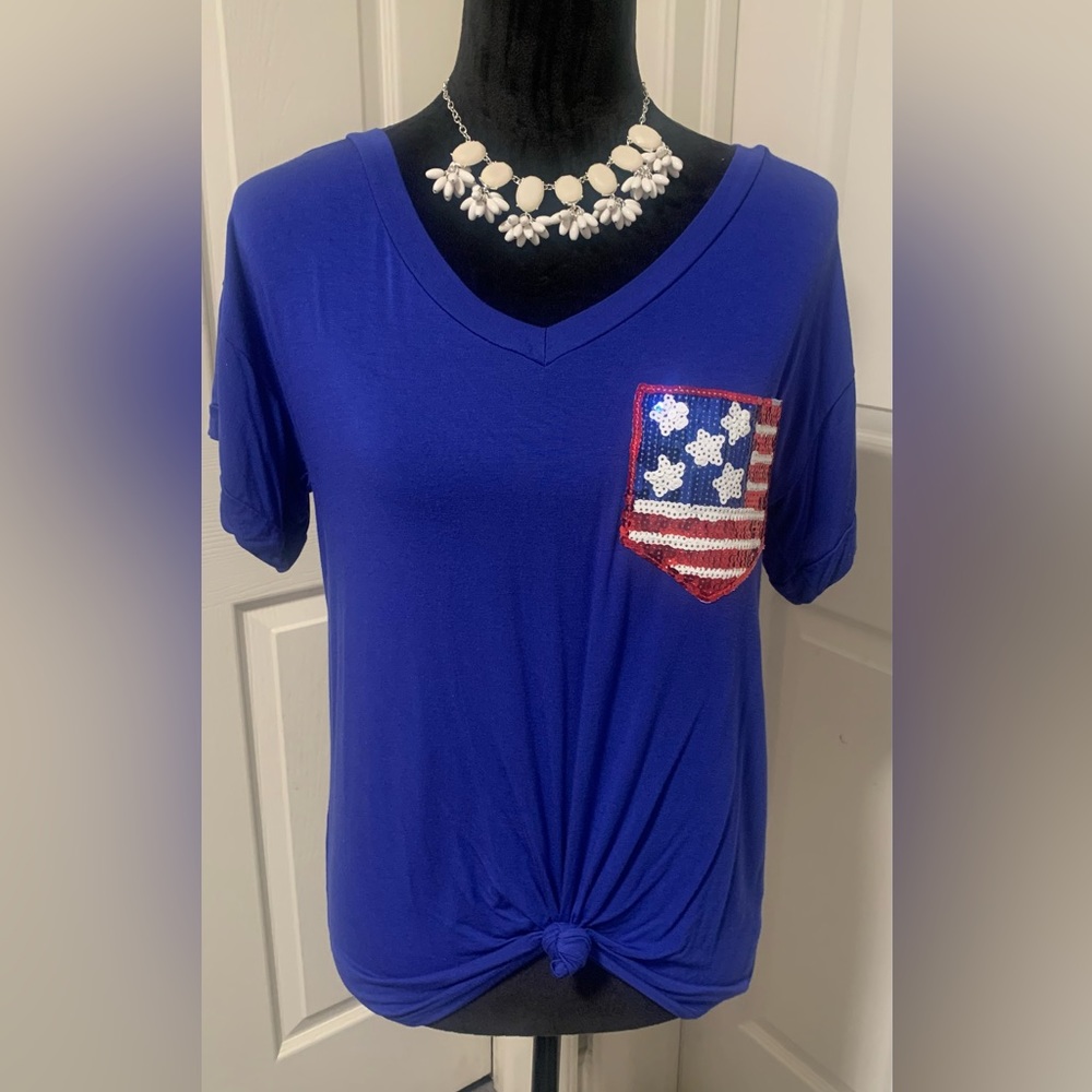E. Luna Patriotic V-Neck Sequined Tee